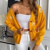 Suéter de cuello en V con bordado de crisantemo pequeño para mujer, cárdigan de punto suelto para otoño e invierno